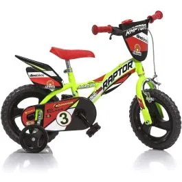 Bici 12 mtb raptor giallo elettrico per bambino con scudo e rotelle Dino Bikes