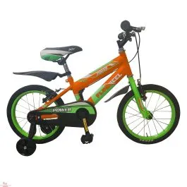 Bici 14 MTB Flywheel Power per bambino con rotelle in acciaio arancione verde