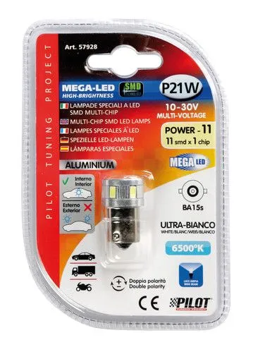 10-30V MEGA-LED 11 SMD X 1 CHIP P21W BA15S PZ BIANCO DOPPIA POLARITA' LUCI LAMPA