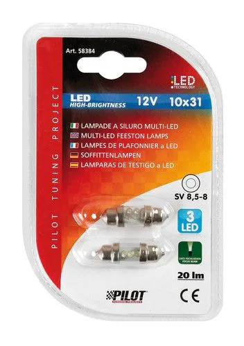 12V LAMPADA SILURO 3 LED 10X31 MM SV8.5-8 2 PZ D/BLISTER BIANCO MOTO LAMPA