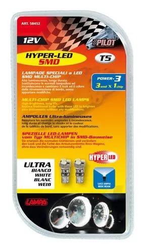 12V LAMPADA HYPER-LED 3 AUTO - 3 SMD X 1 CHIP - T5 - W2X4 6D 2PZ - BIANCO LAMPA