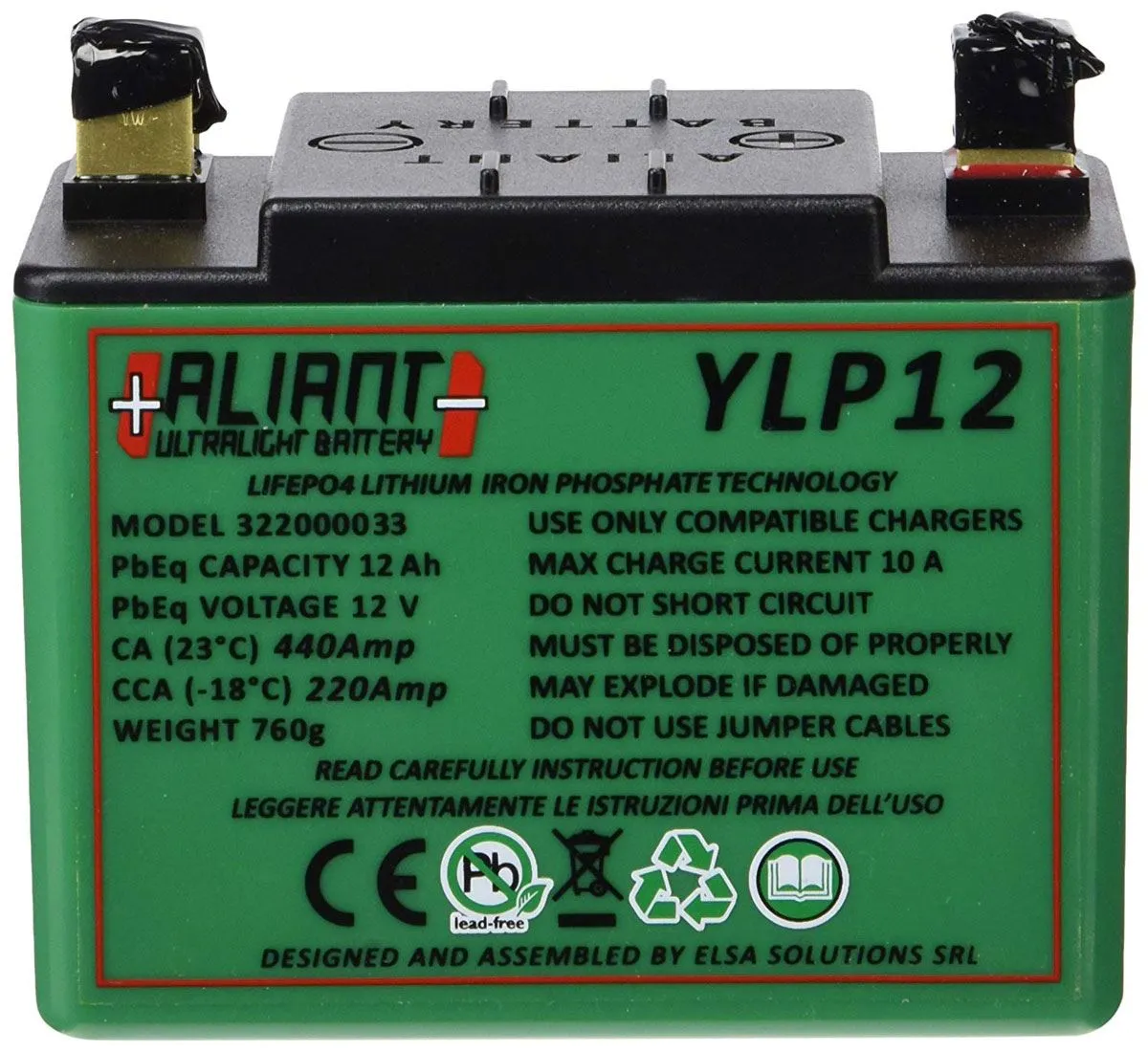 Batteria al Litio Aliant per Aprilia Futura 1000 01-04 modello ULTRALIGHT Y-LP12 (Peso 750g - Dimensioni 114x69x90 mm)